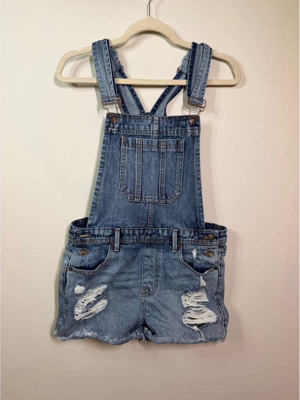 Forever 21 Distressed Denim Short Overalls for Women, Size 27 small